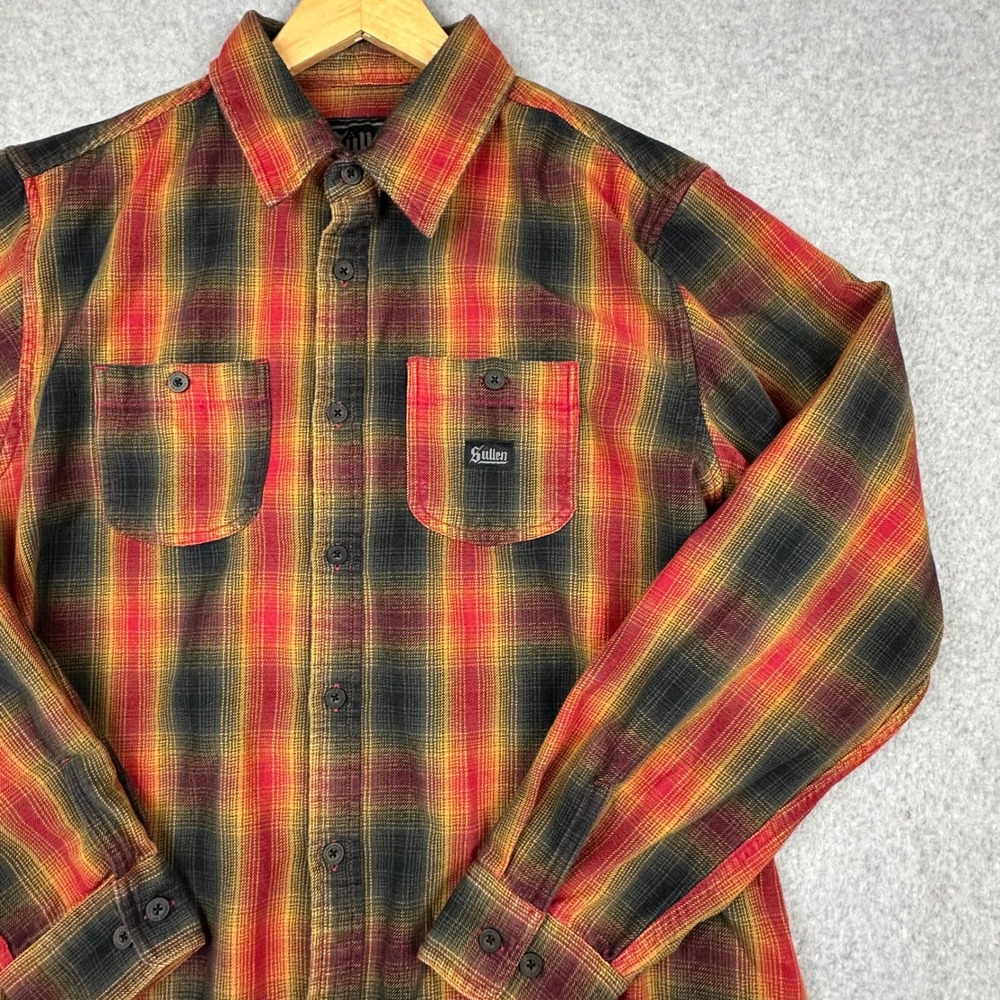 Sullen Art Collective Mens Large Plaid Flannel Button Shirt Red Orange Black